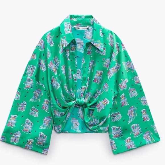 Zara Tops - Zara Green Button Down Crop Top with Notched Collar
